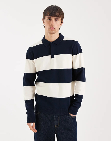  Threadbare Knitted Rugby Polo In Navy And Ecru Stripe 