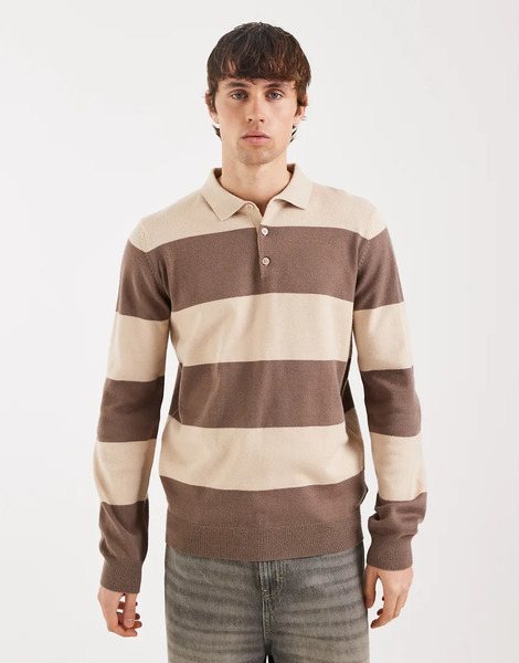  Threadbare Knitted Rugby Polo In Stone And Ecru Stripe Neutral 