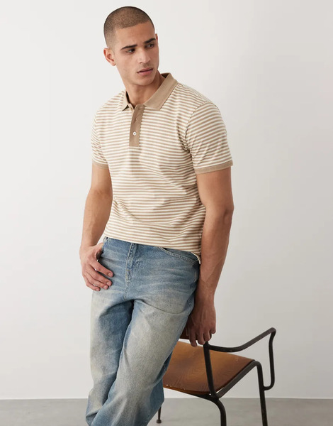  Threadbare Knitted Short Sleeve Polo Top In Stone And Ecru Stripe Neutral 