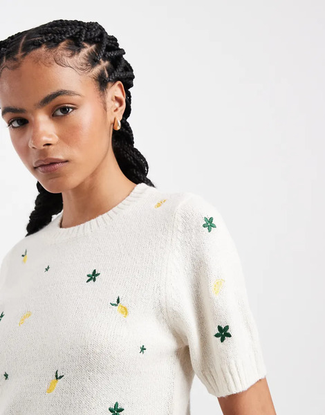  Threadbare Knitted Tee With Lemon Embroidery In Ecru White 