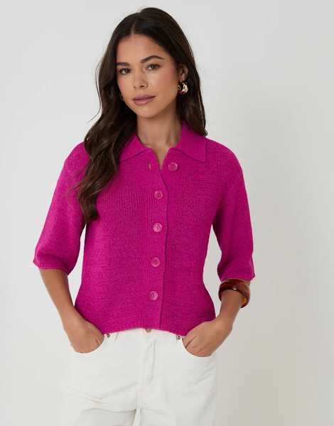  Threadbare Knitted Yarn Button Up Polo Shirt In Magenta Pink 