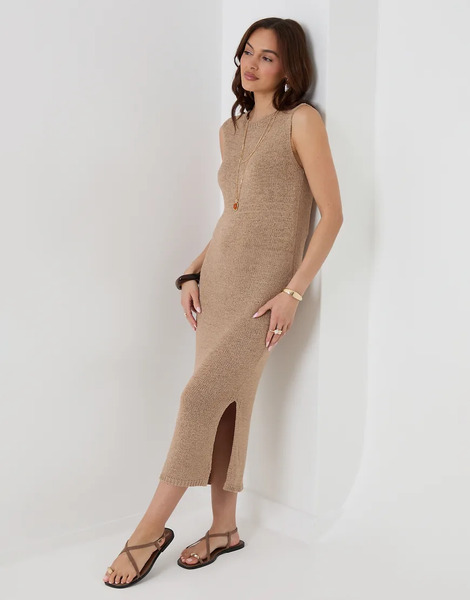  Threadbare Knitted Yarn Midi Dress In Taupe Neutral 