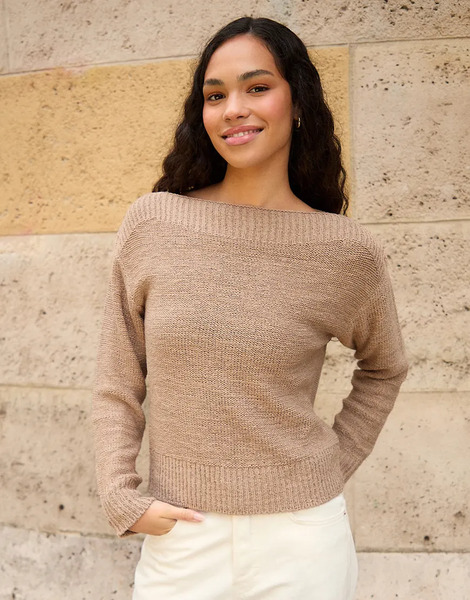  Threadbare Knitted Yarn Slash Neck Jumper In Taupe Neutral 