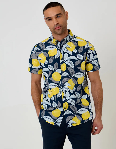  Threadbare Lemon Print Cotton Short Sleeve Shirt In Multi 