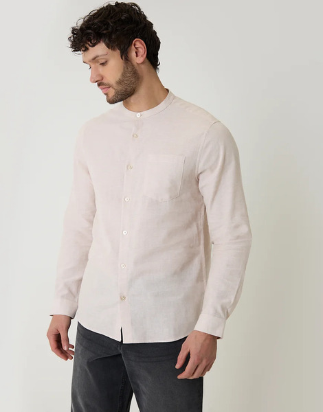  Threadbare Linen Blend Long Sleeve Grandad Collar Shirt In Light Stone Neutral 