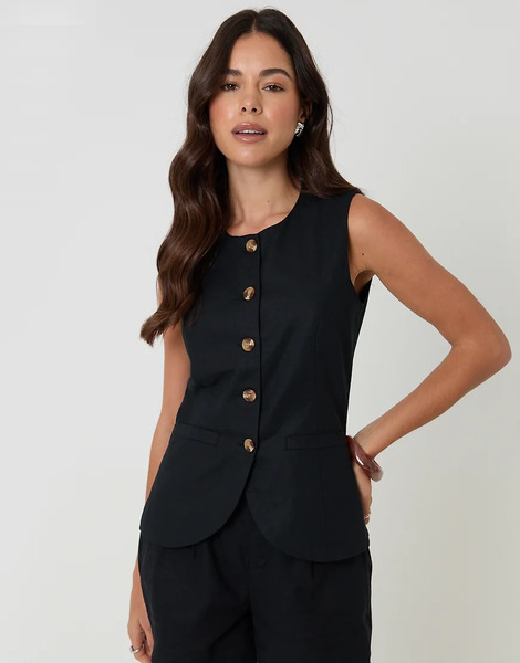  Threadbare Linen Blend Longline Waistcoat In Black 