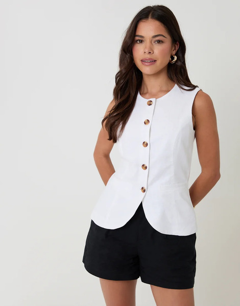  Threadbare Linen Blend Longline Waistcoat In White 