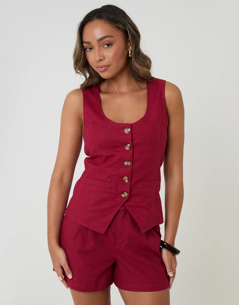  Threadbare Linen Blend Scoop Neck Waistcoat In Red 