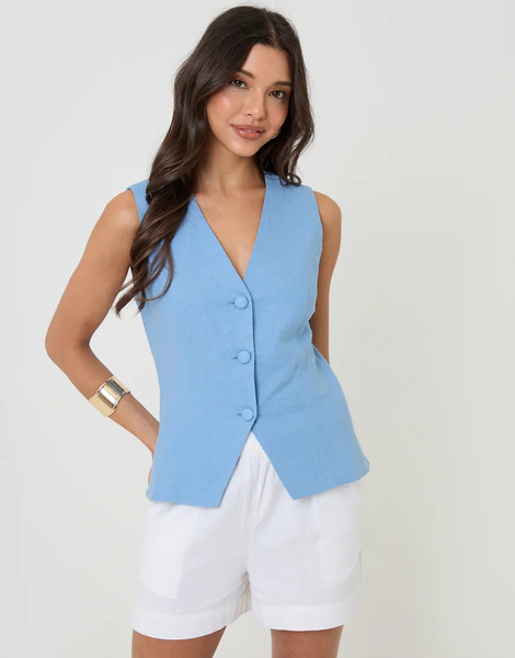  Threadbare Linen Blend V Neck Waistcoat In Blue 