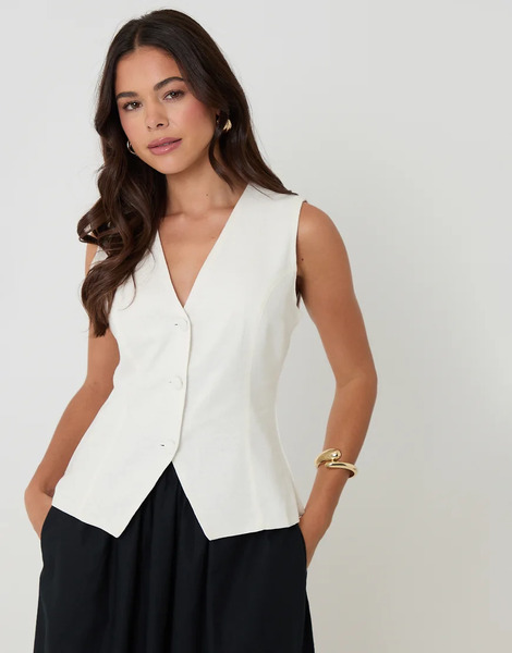  Threadbare Linen Blend V Neck Waistcoat In White 