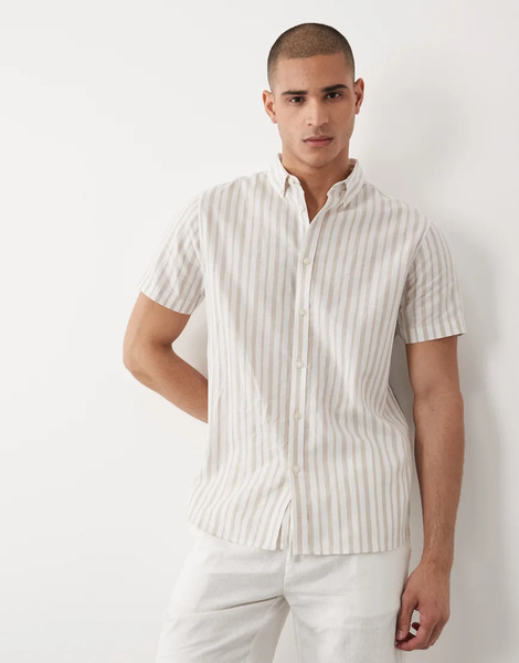  Threadbare Linen Mix Short Sleeve Shirt In Stone And Ecru Stripe Neutral 