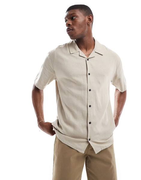  Threadbare Linen Rich Short Sleeve Revere Collar Shirt In Stone Neutral 