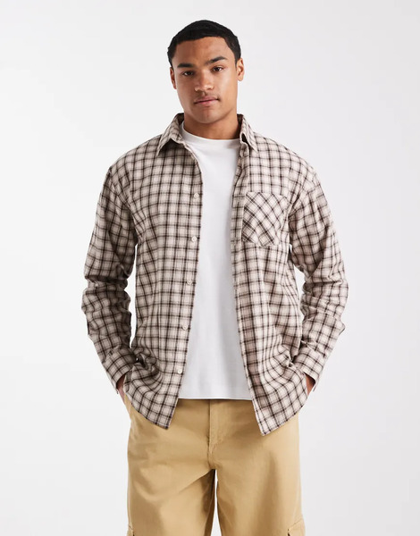  Threadbare Long Sleeve Button Down Check Shirt In Brown And Cream 