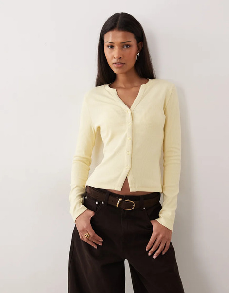  Threadbare Long Sleeve Button Through Ribbed Top In Lemon Yellow 