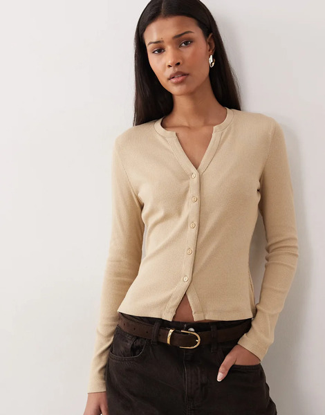  Threadbare Long Sleeve Button Through Ribbed Top In Oat Neutral 