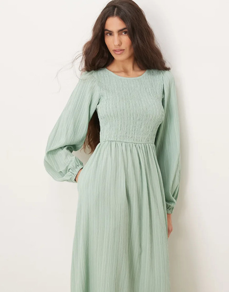  Threadbare Long Sleeve Crinkle Midi Dress In Mint Blue 