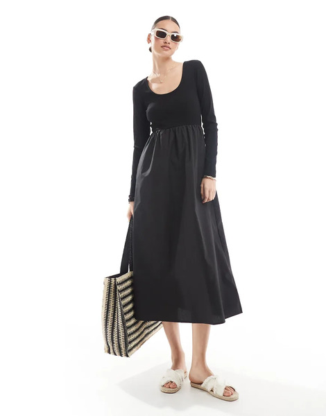  Threadbare Long Sleeve Jersey Poplin Mix Midi Dress In Black 