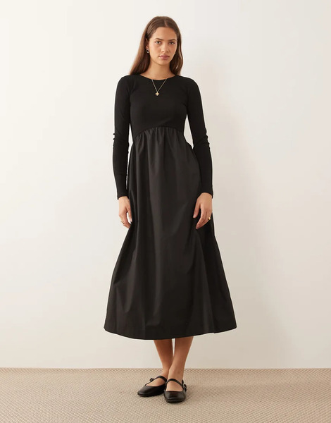  Threadbare Long Sleeve Jersey Poplin Mix Midi Dress In Black 