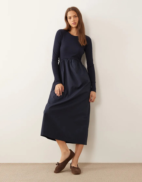  Threadbare Long Sleeve Jersey Poplin Mix Midi Dress In Navy 