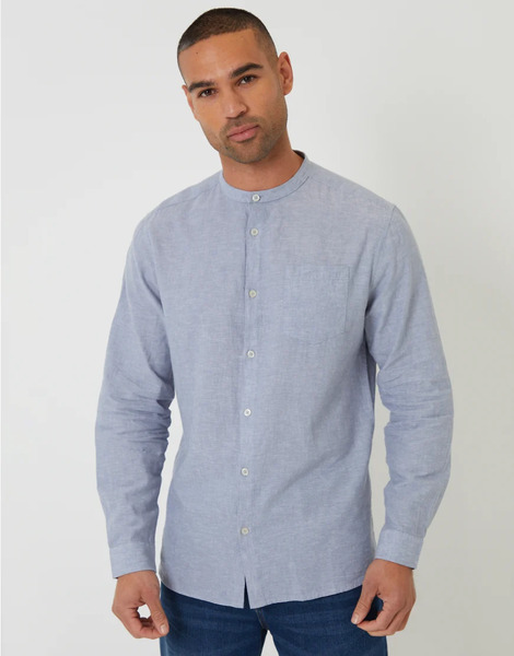  Threadbare Long Sleeve Linen Mix Shirt With Grandad Collar In Light Blue 