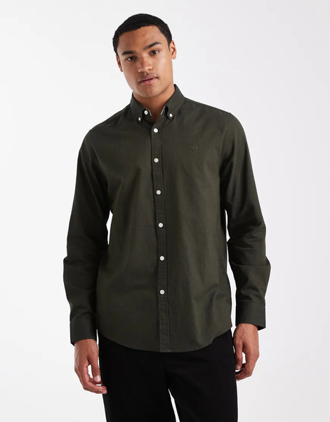  Threadbare Long Sleeve Oxford Shirt In Khaki Green 