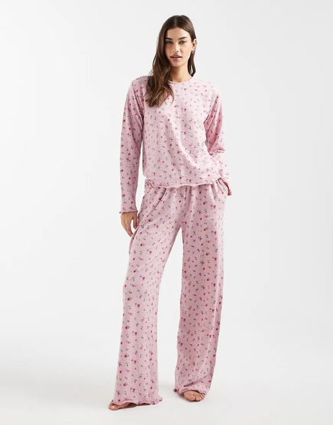  Threadbare Long Sleeve Pyjama Set With Ditsy Floral Print In Pink 