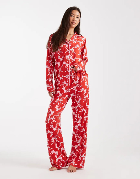  Threadbare Long Sleeve Pyjamas In Red With Bow Print 