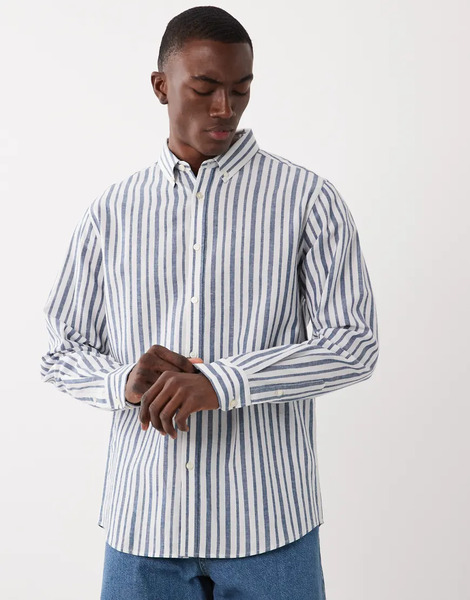  Threadbare Long Sleeve Stripe Shirt In White And Blue 