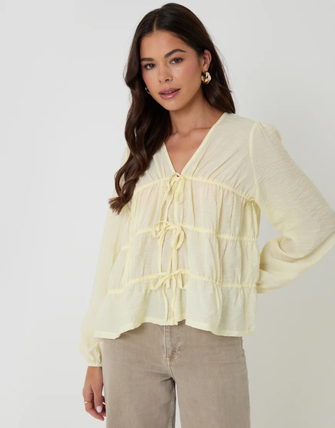  Threadbare Long Sleeve Tie Front Blouse In Yellow 