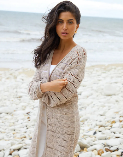  Threadbare Longline Crochet Pointelle Knit Cardigan In Stone Neutral 