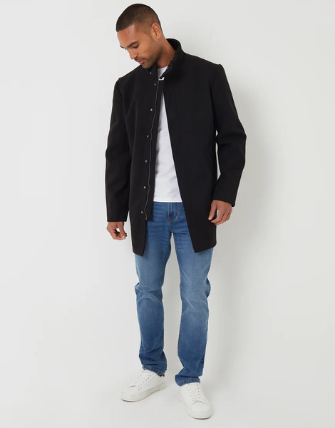  Threadbare Longline Faux Wool Funnel Neck Coat In Black 