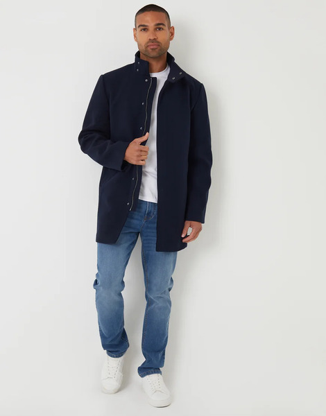  Threadbare Longline Faux Wool Funnel Neck Coat In Navy 