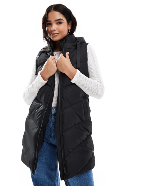  Threadbare Longline Padded Gilet With Hood In Black 