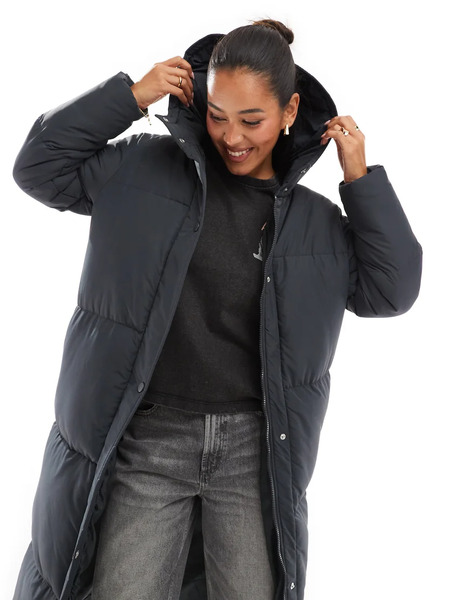  Threadbare Maxi Puffer Coat With Hood In Charcoal Grey 