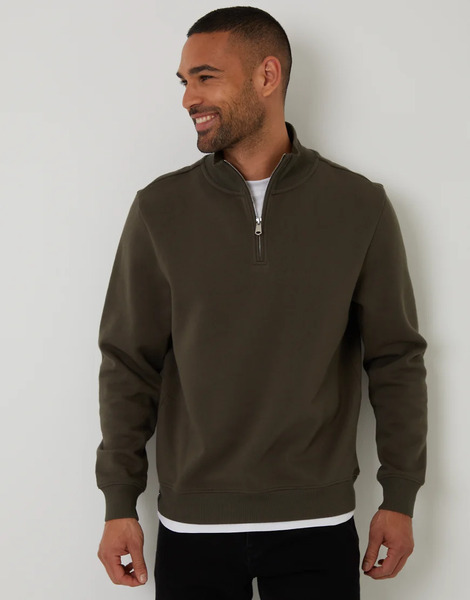  Threadbare Mock T Shirt Quarter Zip Sweatshirt In Khaki Green 