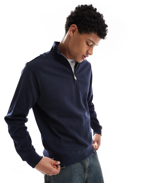  Threadbare Mock T Shirt Quarter Zip Sweatshirt In Navy 