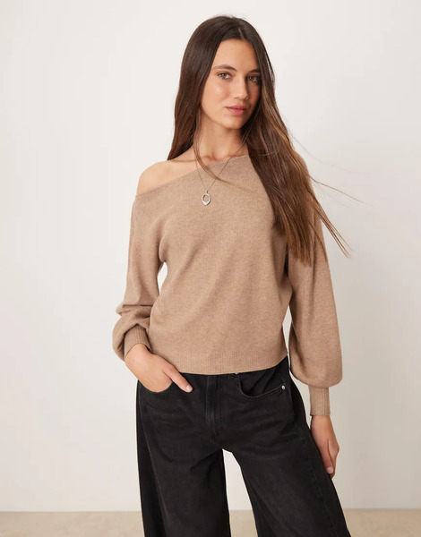  Threadbare Off Shoulder Slouchy Sweatshirt In Biscuit Neutral 