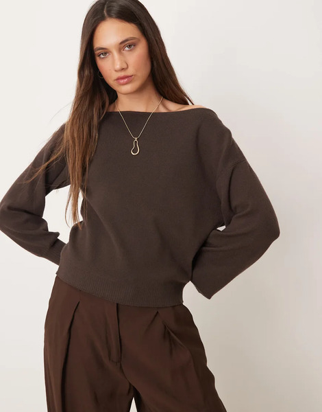  Threadbare Off Shoulder Slouchy Sweatshirt In Chocolate Brown 