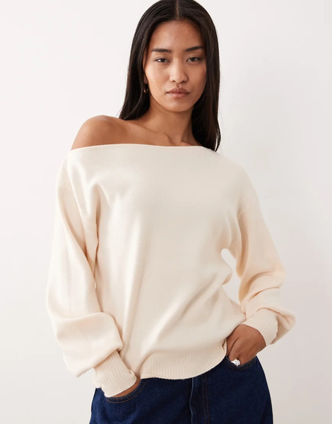  Threadbare Off Shoulder Slouchy Sweatshirt In Cream White 