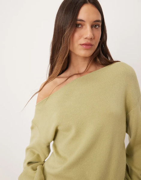  Threadbare Off Shoulder Slouchy Sweatshirt In Sage Green 