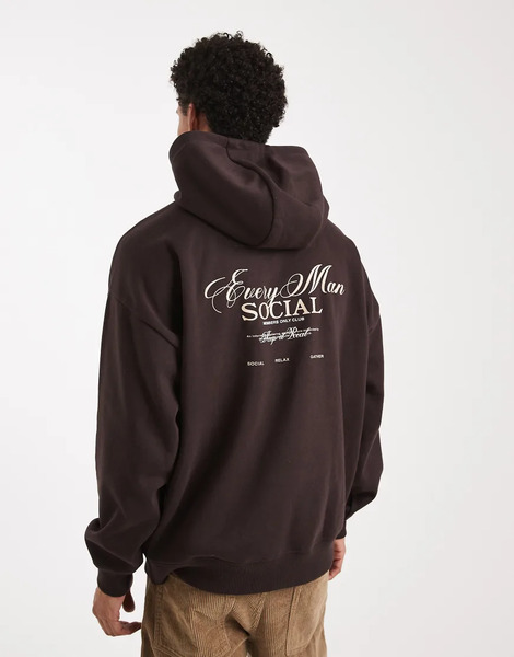  Threadbare Oversized Back Print Hoodie In Chocolate Brown 