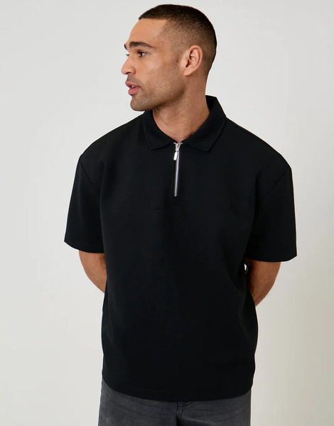  Threadbare Oversized Quarter Zip Polo Shirt In Black 