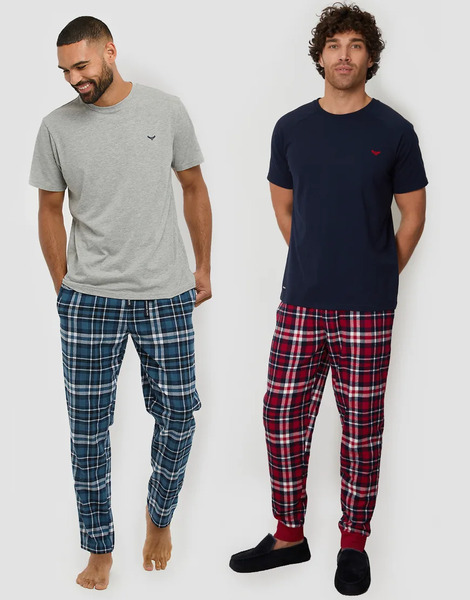  Threadbare 2 Pack Short Sleeve Top & Check Pants Pyjama Sets In Navy 