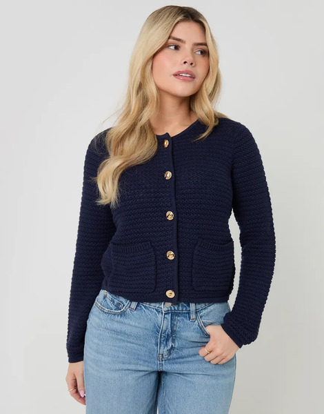  Threadbare Patch Pocket Crew Neck Cardigan In Navy Blue 
