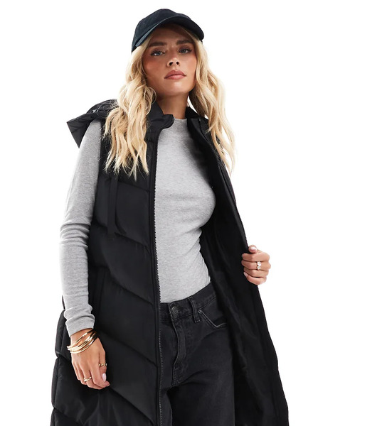  Threadbare Petite Longline Padded Gilet With Hood In Black 