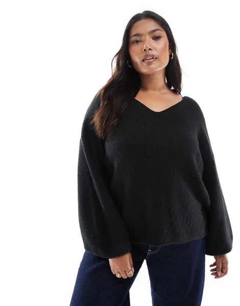  Threadbare Plus Fluffy V Neck Slouchy Jumper In Black 