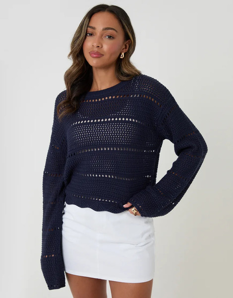  Threadbare Pointelle Knit Crew Neck Jumper In Navy Blue 