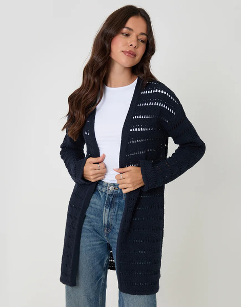  Threadbare Pointelle Knit Longline Cardigan In Navy Blue 