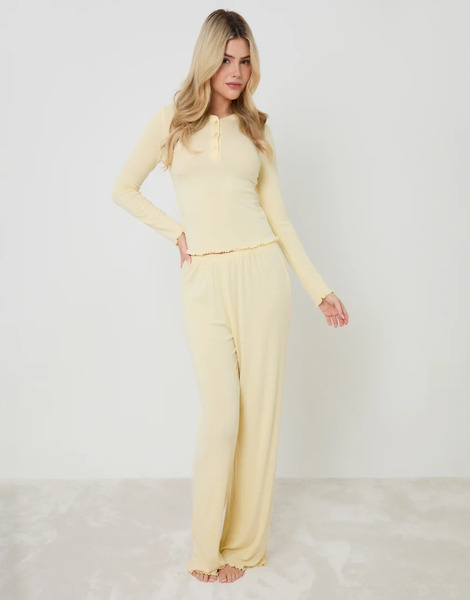  Threadbare Pointelle Long Sleeve Henly Pyjama Set In Yellow 