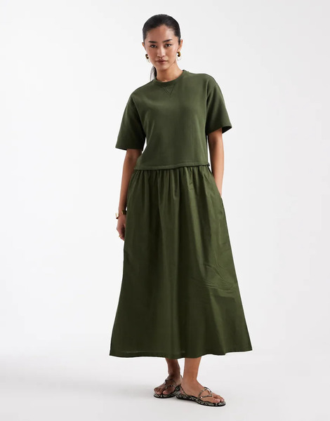 Threadbare Poplin Short Sleeve Midi Dress In Khaki Green 